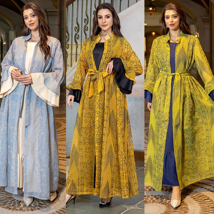 Factory Women Kaftan Dress Suits Kuwaiti Dubai Ramadan Party Gown Fashion Long Sleeve Belted Clothing Muslim Abaya Dresses Set