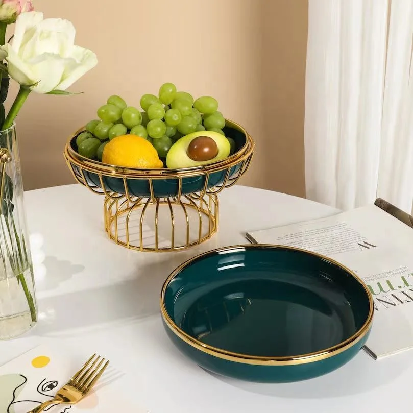 Handmade ceramic salad bowl, luxury fruit bowl for dessert Nordic style with metal rack