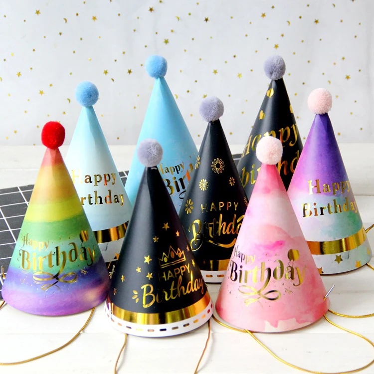 Paper Cone Colorful Funny Party Hat Rainbow Hairball  for Birthday Party recycled party Paper  hat