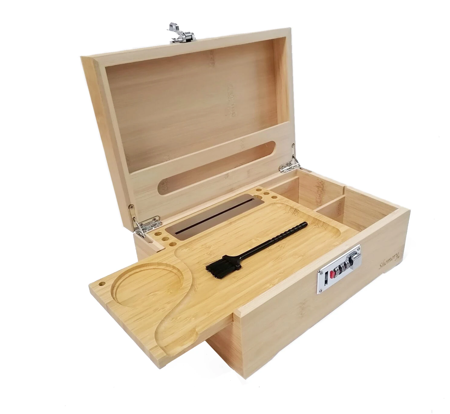 Wooden Storage Box with Rolling Tray and Brush, Decorative Bamboo Box with Slide Tray for Gift, Smell Proof Box Safety