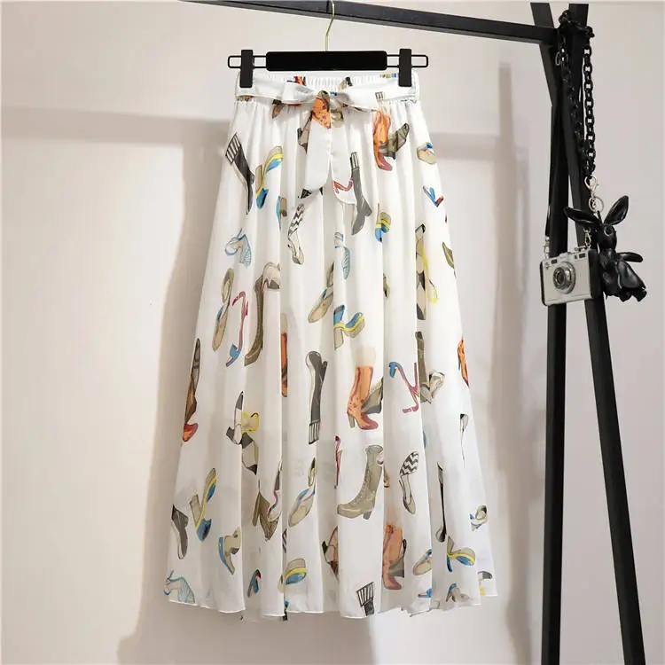 Women Summer Skirts 2022 Vintage Printed Chiffon A-Link Skirt Bow Waist Casual Holiday Beach Midi Skirt Stock