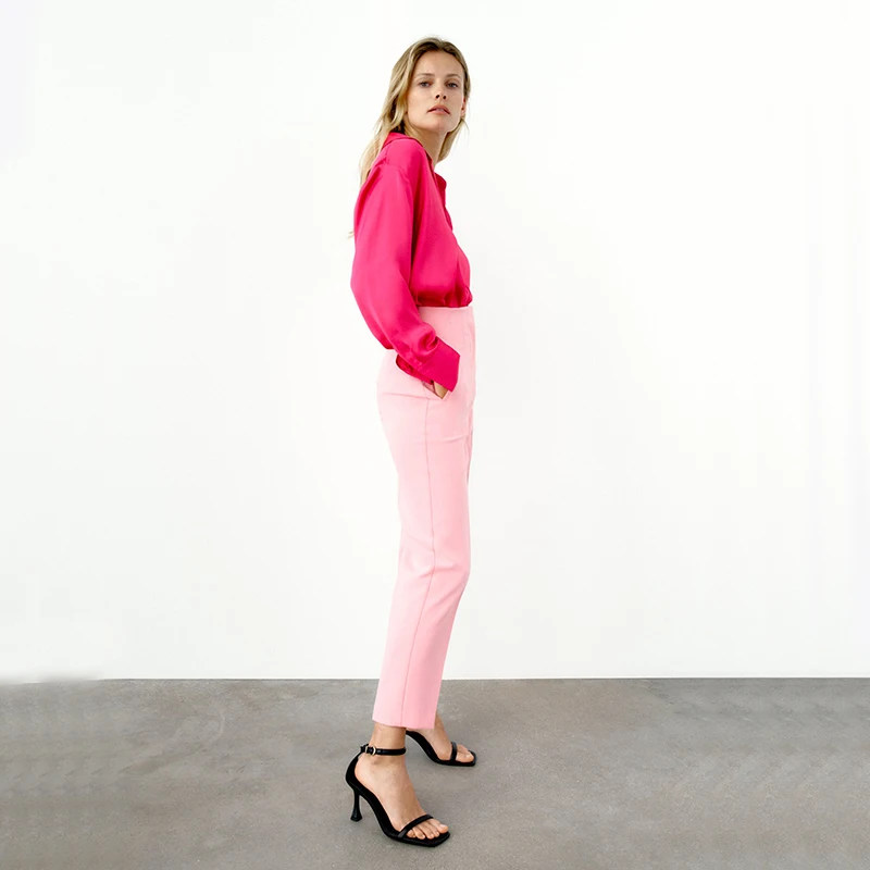 New Design Custom Comfortable Casual Pure Color Front Welt Pockets High-Waist Cigarette Pants For Women