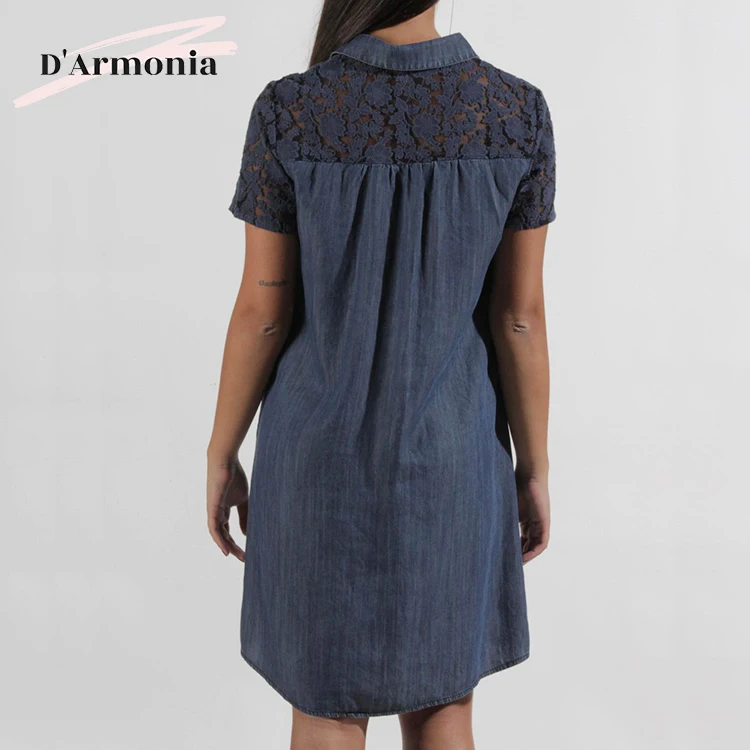 Wholesale Short Sleeve Lapel Casual Dress 100% Tencel Dark Blue Womens Dresses