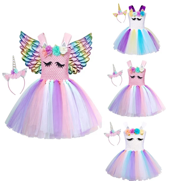 Halloween Fashion Kids Clothes  Cosplay Puffy Princess Unicorn Girl Tutu Dress With Headband Tv movie costume