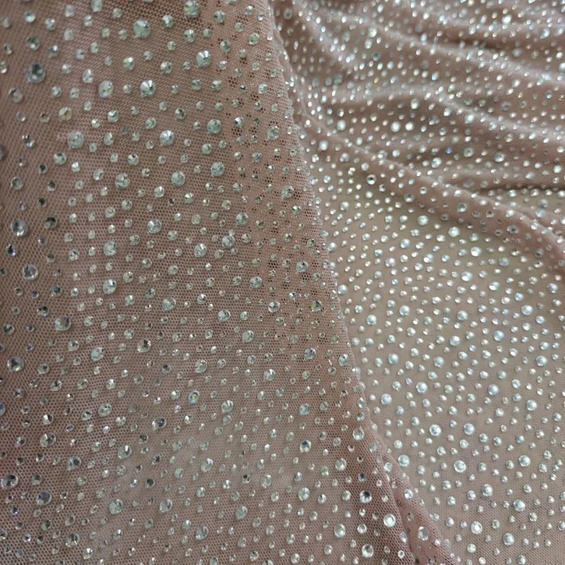 Hot Sale Rhinestone Clothing Material Starry Crystal Stretchable Mesh Fabric Any Color Can Custom