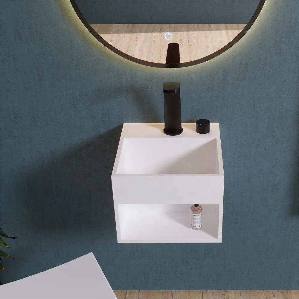 Small Rectangular Stone Resin Wall-Hung Sink Polished Hand Wash Basin with Towel Holes Wall Mounted Bathroom Accessory Drainer