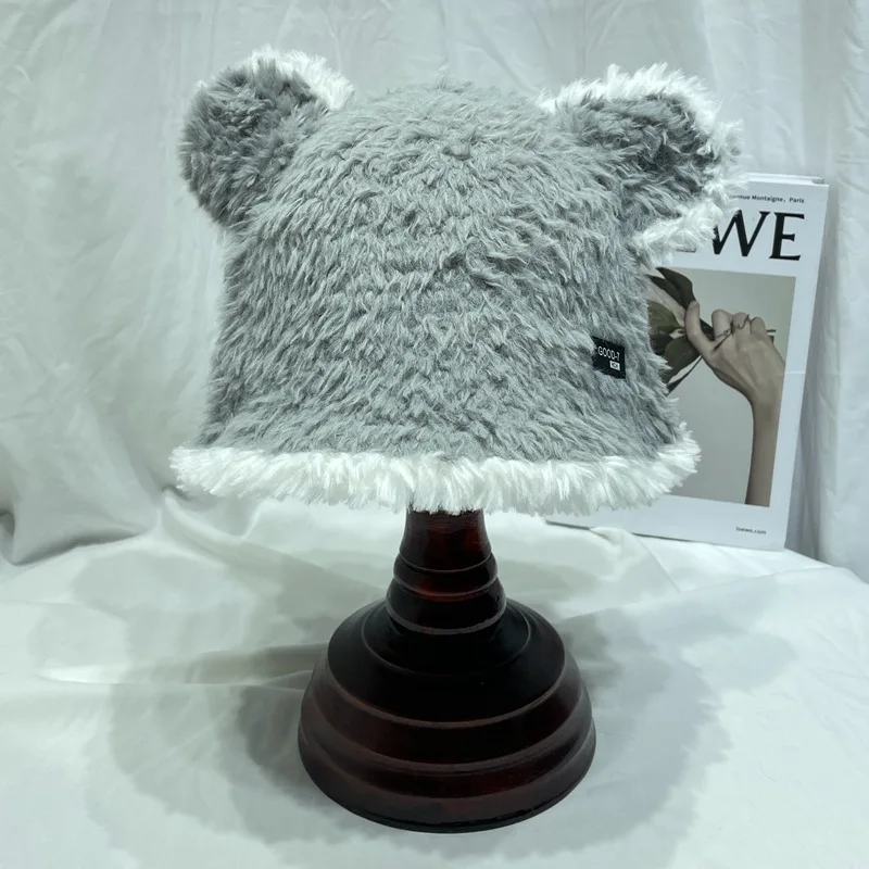 Sweet and Cute Bear Ears Matching Color Fisherman Hat Female Autumn and Winter Fashion Warm Ear Protection Furry Bucket Hat