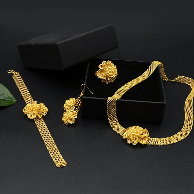 Ethiopian African Wedding Bridal Set Flower Necklace Earring Ring Bracelet Dubai 24K Gold Plated Jewelry Sets