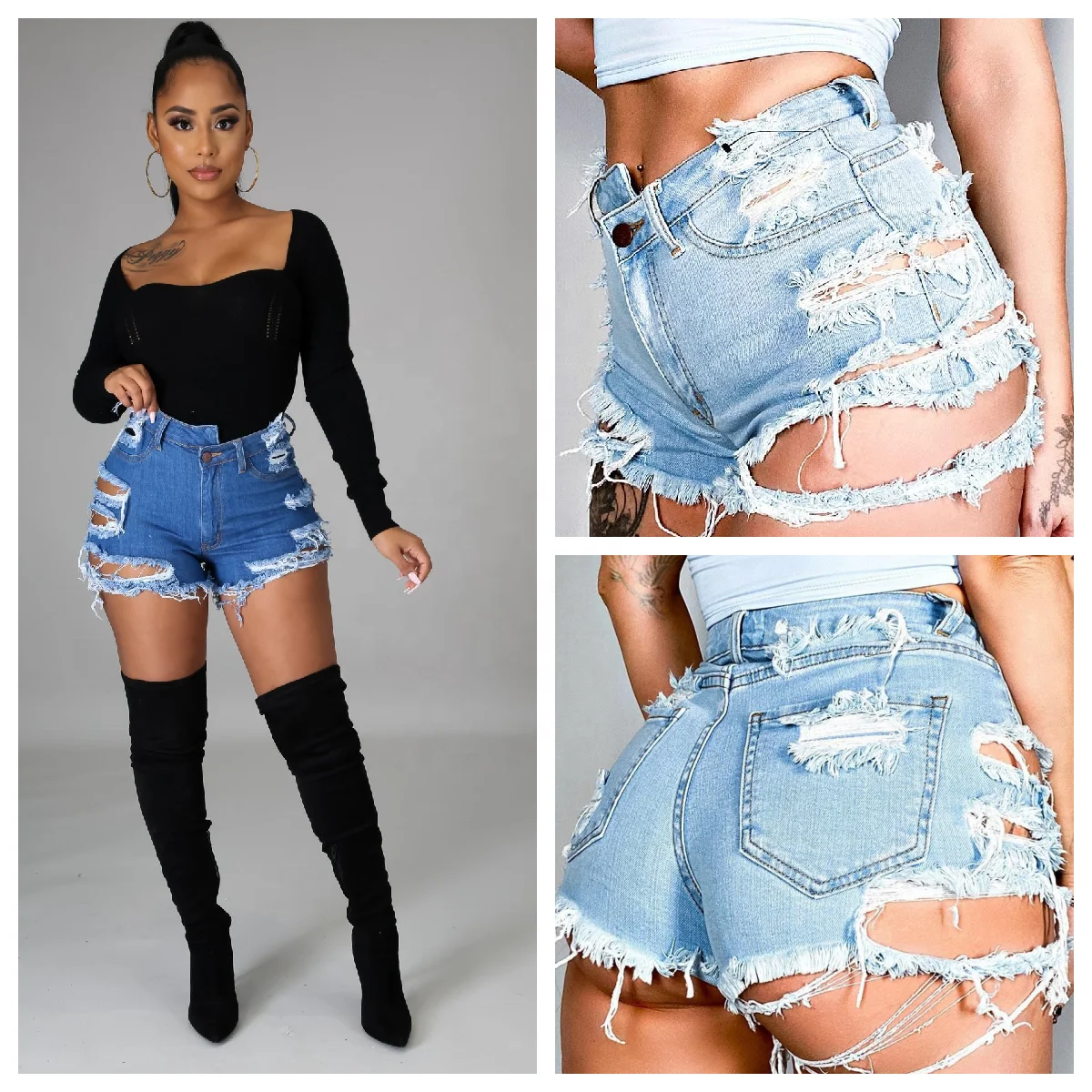 2023 New Arrivals Brocken Hole Women Denim Summer Shorts Bale Zipper Fly Pockets Frayed Raw Ripped Denim Short Jeans for Women