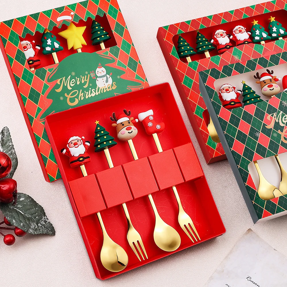 Stainless Steel Christmas cutlery set Dessert Cake Coffee Spoon Metal Fruit Fork Gift Set Christmas Silverware Set