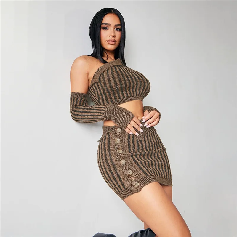 Custom Fashion Sexy Knit Top High Waist Hip Skirt Sweater Patchwork Sleeve Mini 2 Piece Skirt Set