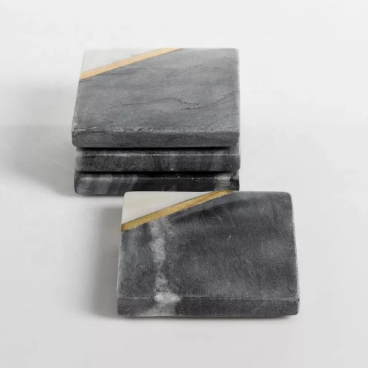 Wholesale Custom Four Piece Splicing 2 Colors coaster Set Inlaid with Brass Trim Cork Cup Mat Marble coaster