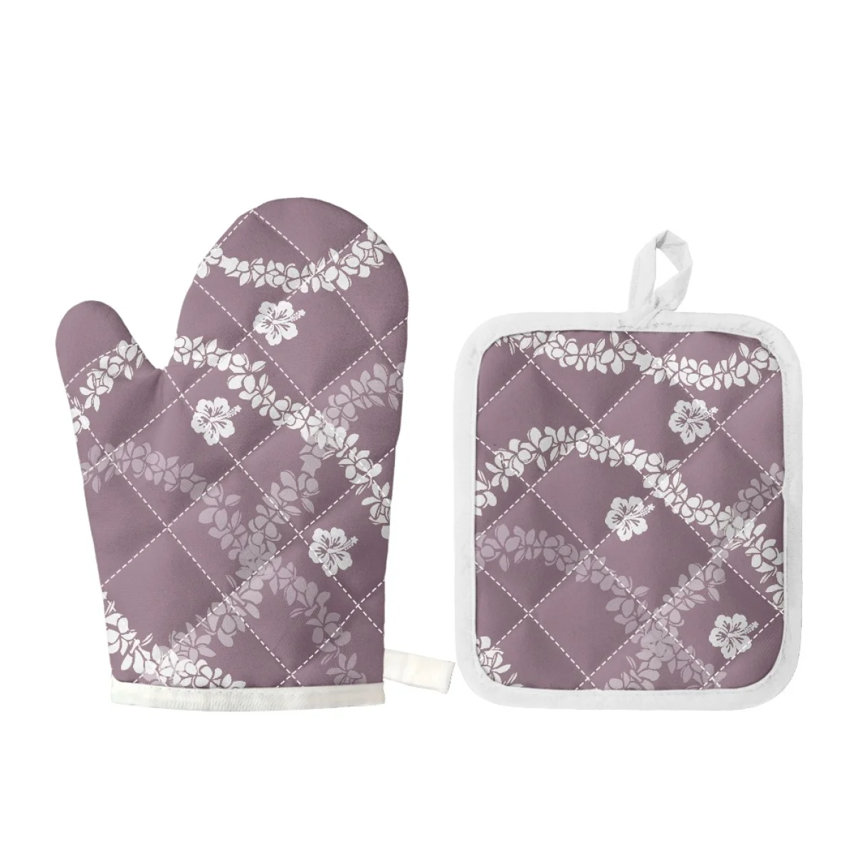 Wholesale Custom Anti-Slip Insulation Oven Mitt Set Hawaiian Lei Flower Print Microwave Gloves + Mat Set Beige Border