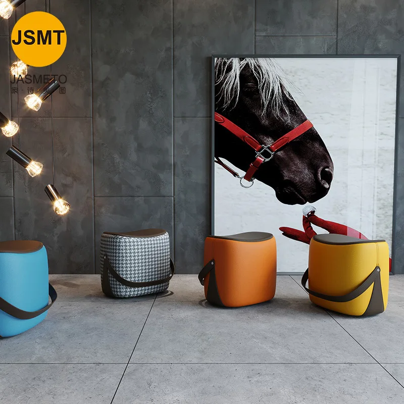 Nordic Creative Portable Saddle Leather Stool Light Luxury Home Living Room Sofa Foot Stool Fashion Personalized Makeup Stool