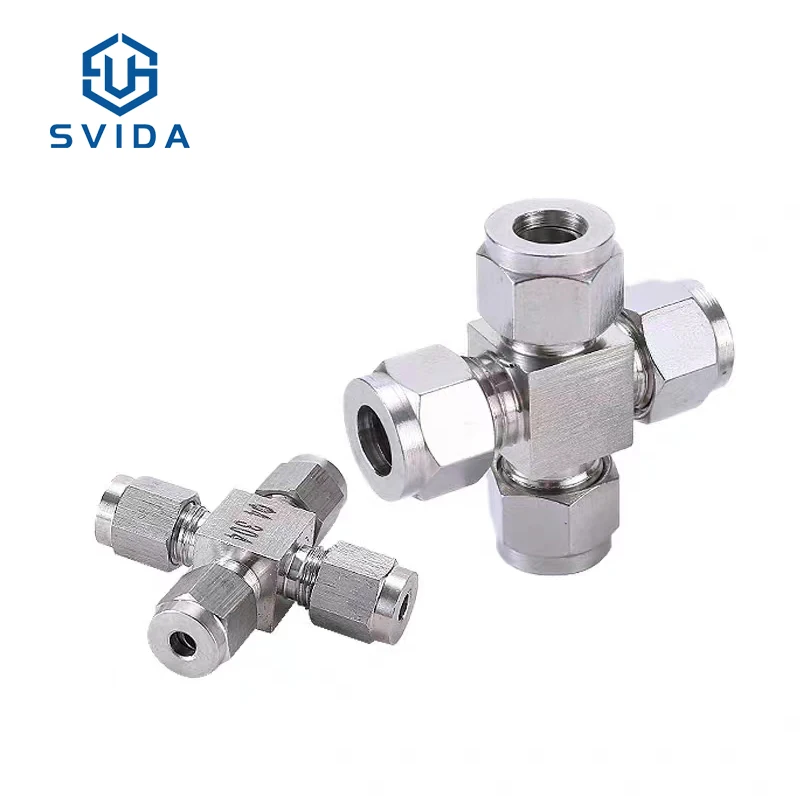 High Quality SS304 SS316 Compression Double Ferrule Tube Fitting 4 Ways Equal Union Cross