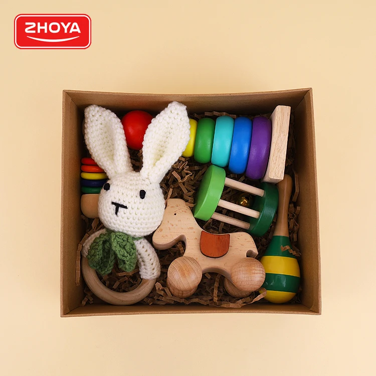 Novelty baby crochet rattle toys set wooden teether rattle baby bed bell rattle soothing toy baby gift toy set