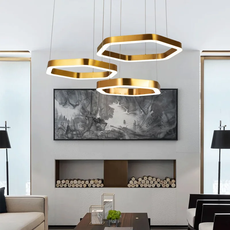 Stainless steel modern chandelier simple hexagonal golden living room lamp Hotel engineering lobby decorated circle chandelier