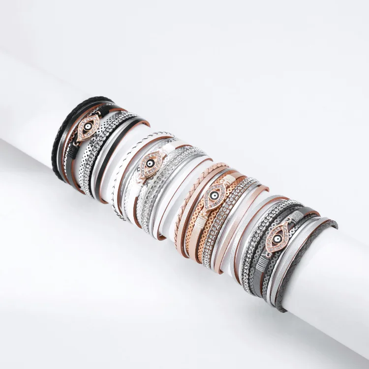 Boho Retro Ethnic Turkish Blue Eyes Bracelets Bangle Handmade Braiding Multilayer Leather Wrap Bracelet with Magnetic