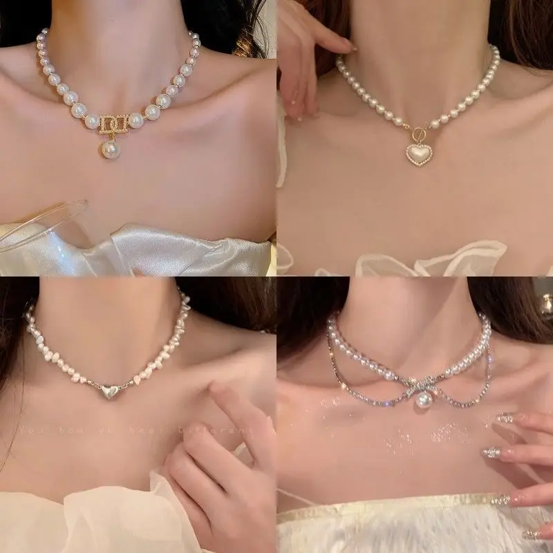 Custom Pearl Necklace 2024 New Hot High-end Sense Bow Clavicle Chain Niche Dress Necklace Accessories Women