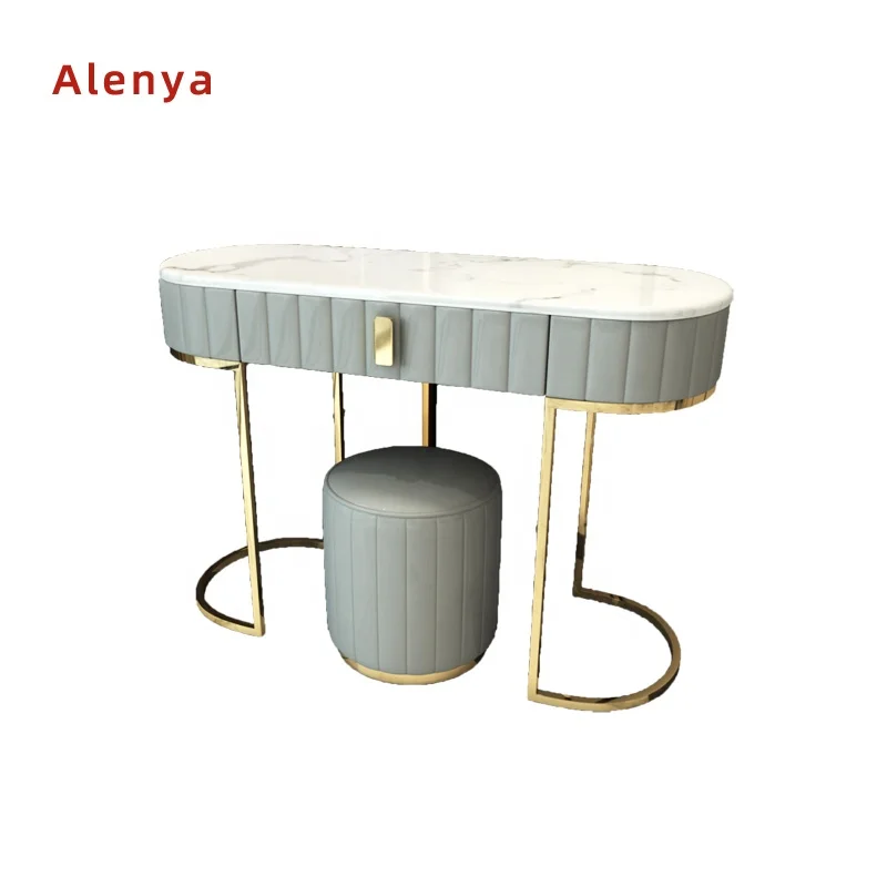 Легкий роскошный кожаный туалетный столик, косметический стул, зеркало для макияжа, мрамор, нержавеющая сталь, современная мебель для спальни, отеля, квартиры
