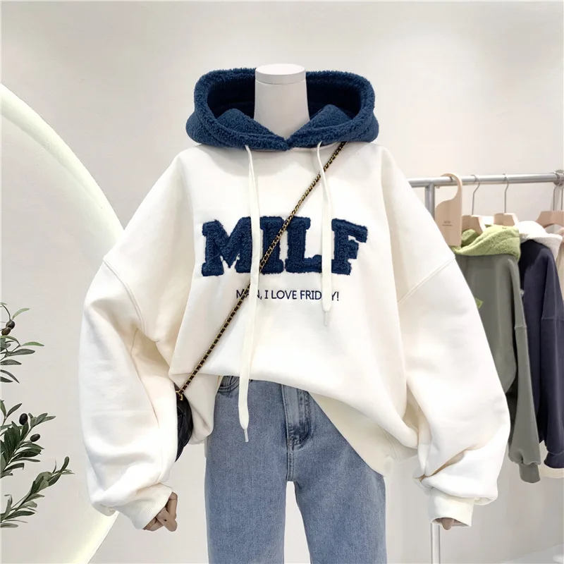 Letter stitching lamb hair and velvet bf wind hooded sweater sweater sweartshirts women womens oversized hoodies
