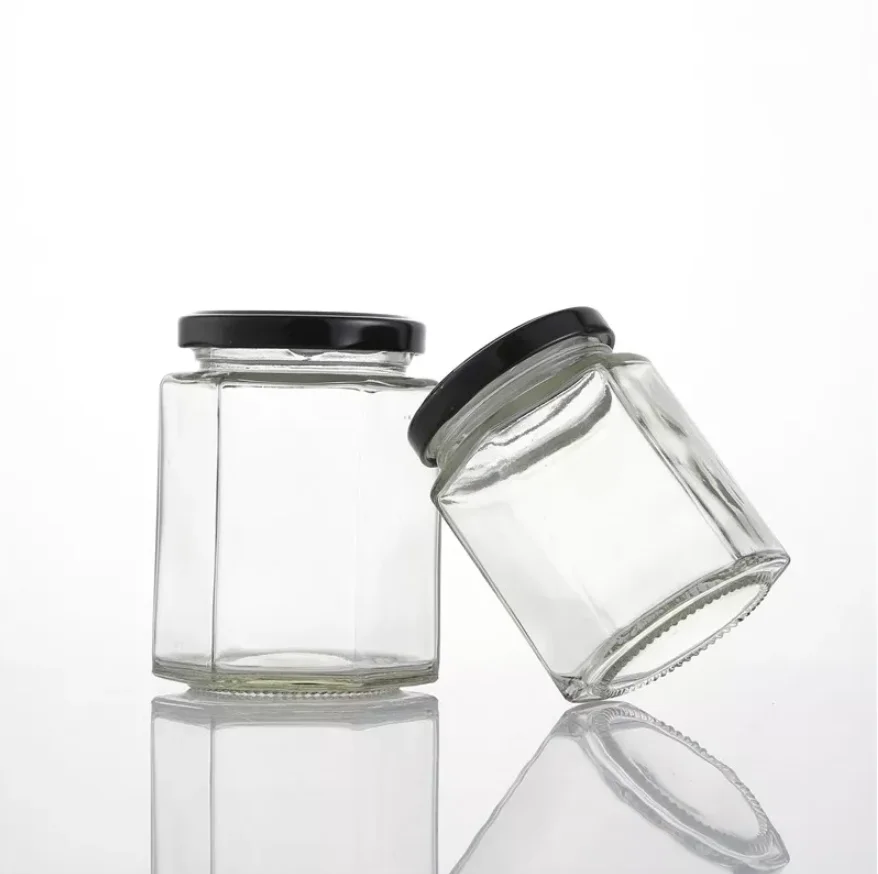 High Grade Hexagon Glass Honey Jars Jam Sauce Pickle Storage Bottle with Metal Lids