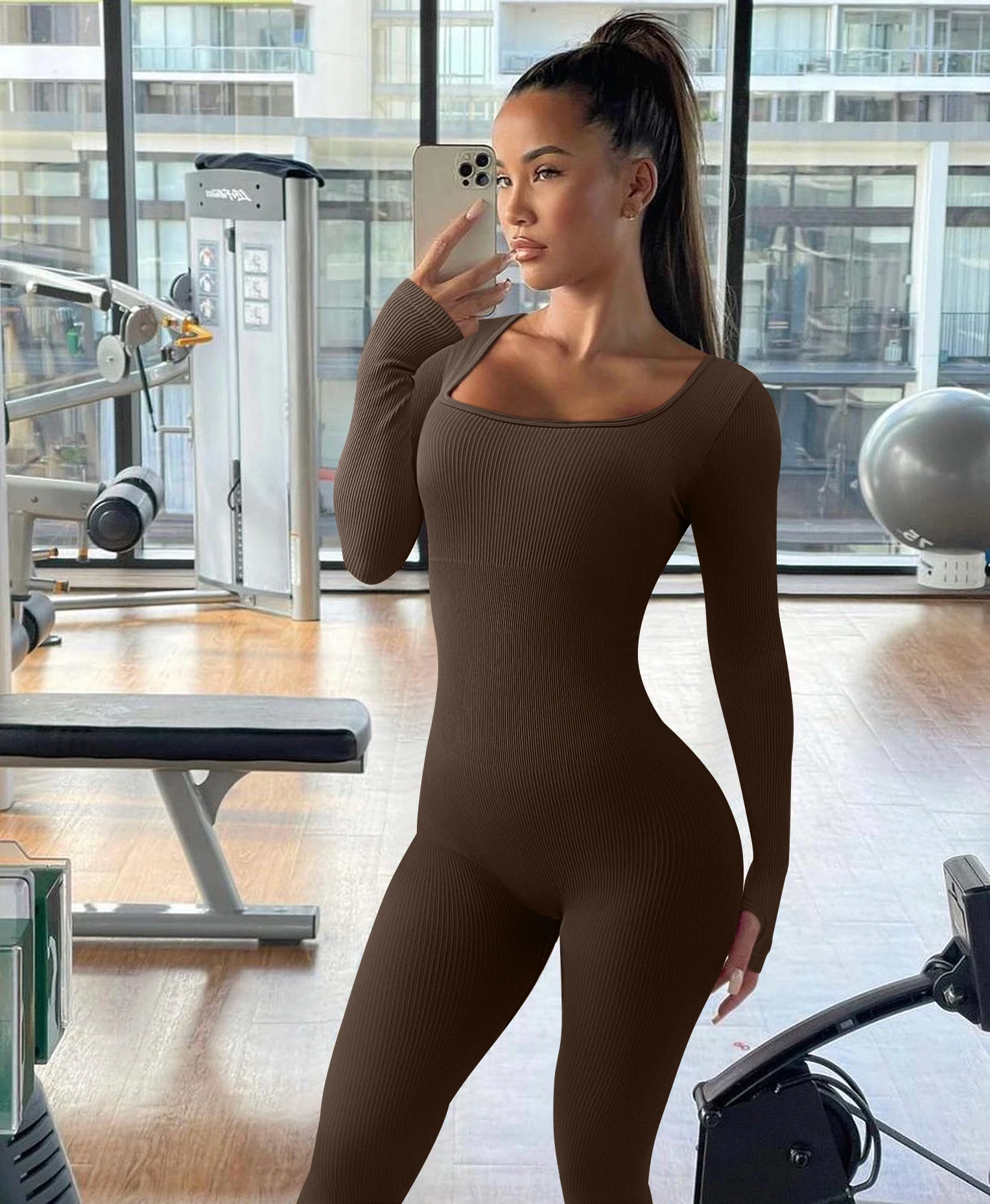 Women Yoga Legging Jumpsuit Workout Ribbed Long Sleeve Sport Jumpsuits