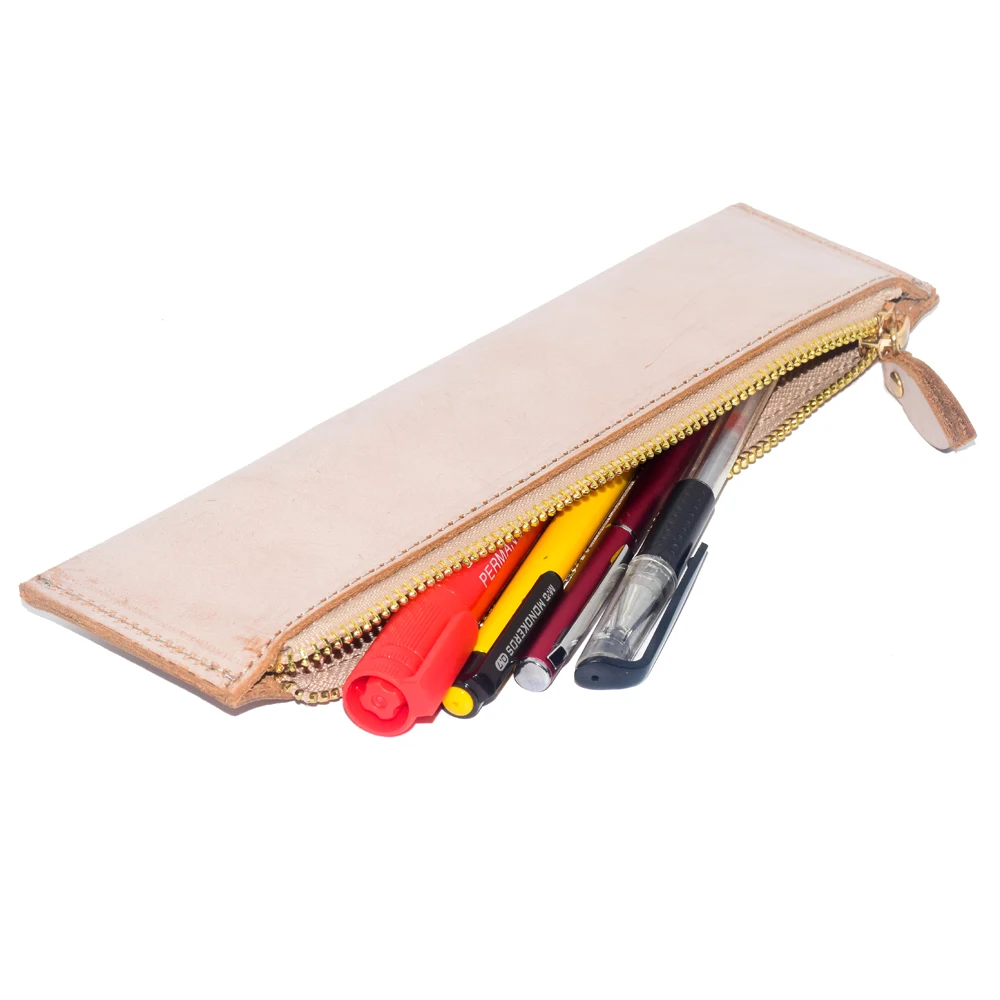 Fashion Cow Leather Pen Case Zipper Closure Iced Wax Zipped Pencil Case