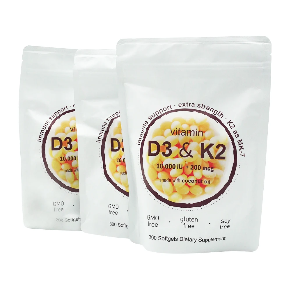 Private Label Vitamin D3 10000 iu Plus K2 (MK-7) 200 mcg 2 in 1 Vitamins D & K Complex Soft Capsule Supports Heart Health