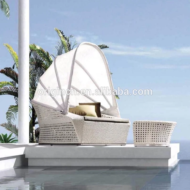 2 Piece Outdoor Furniture Home Balcony Rattan Sun Chair Half Round Ottoman Rattan Daybed With Canopy