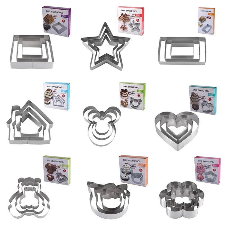 3pcs Stainless Steel Cake Mold Round Cake Ring Mousse Brownie Mould Heart Cake Decorating Mold Square Dessert Baking Tools