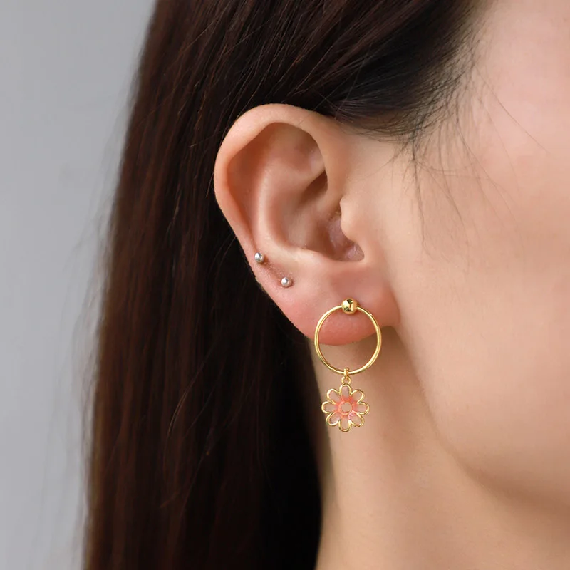 Wholesale Women Lady Chinese Style Elegant Copper Real Gold Plated oil dripping pink flower earrings enamel flower earrings