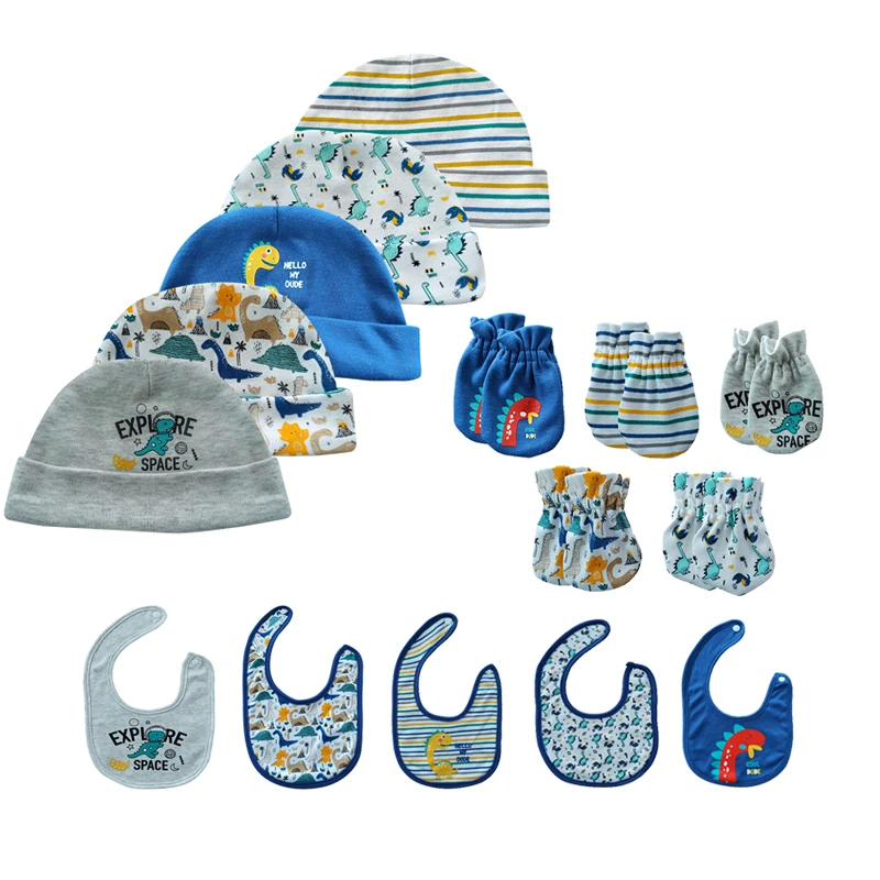 2021 Baby Sets 15PCS Cotton Newborn Baby Hats+mitters+Bibs 0-6Months Print Cartoon Baby Accessories