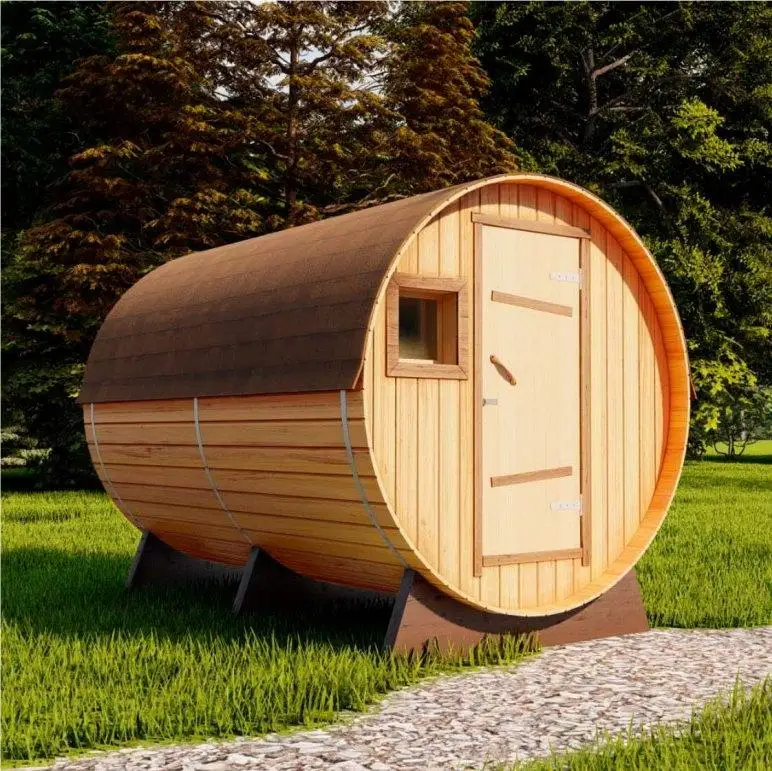 Noble And Luxurious Outdoor Wooden Bucket Sauna Room, Showing The Luxury Quality Of Life