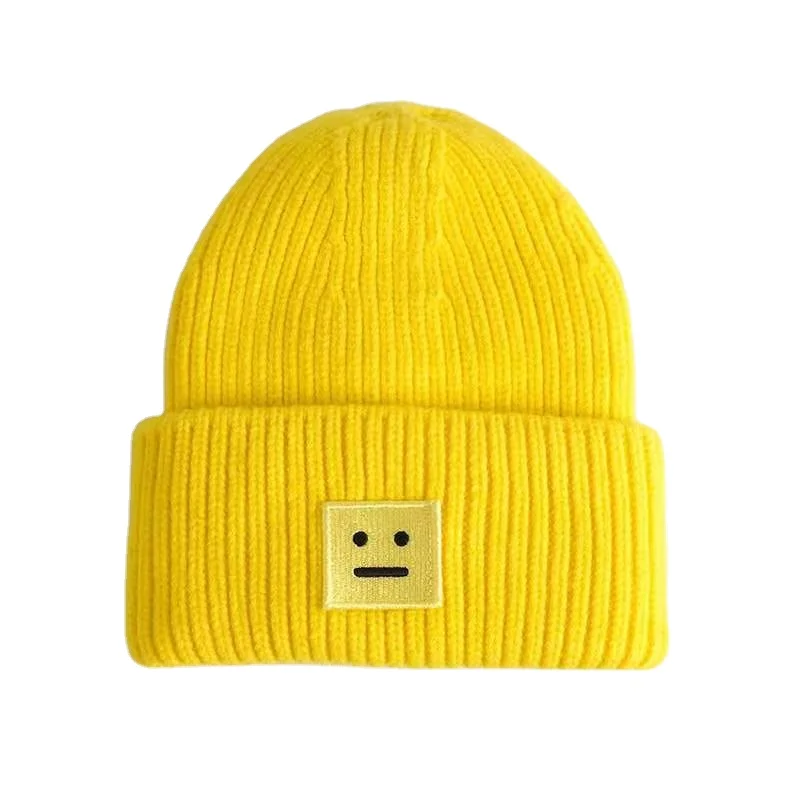 Осенне-зимняя теплая плотная кашемировая шерстяная шапка с улыбающимся лицом, милая Вязаная Шапка-бини с окантовкой для женщин