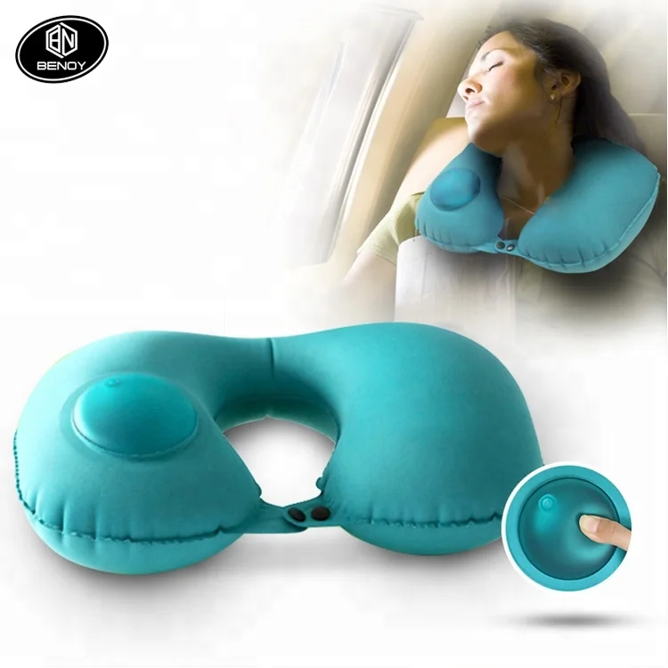 Hot sale Amazon new push button Inflatable airplane neck Pillow and Toiletry storage bag travel set kit