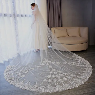 
V023 Luxury Cathedral veil For Wedding 350cm Lace Edge Bridal Veil Long lace wedding veil 