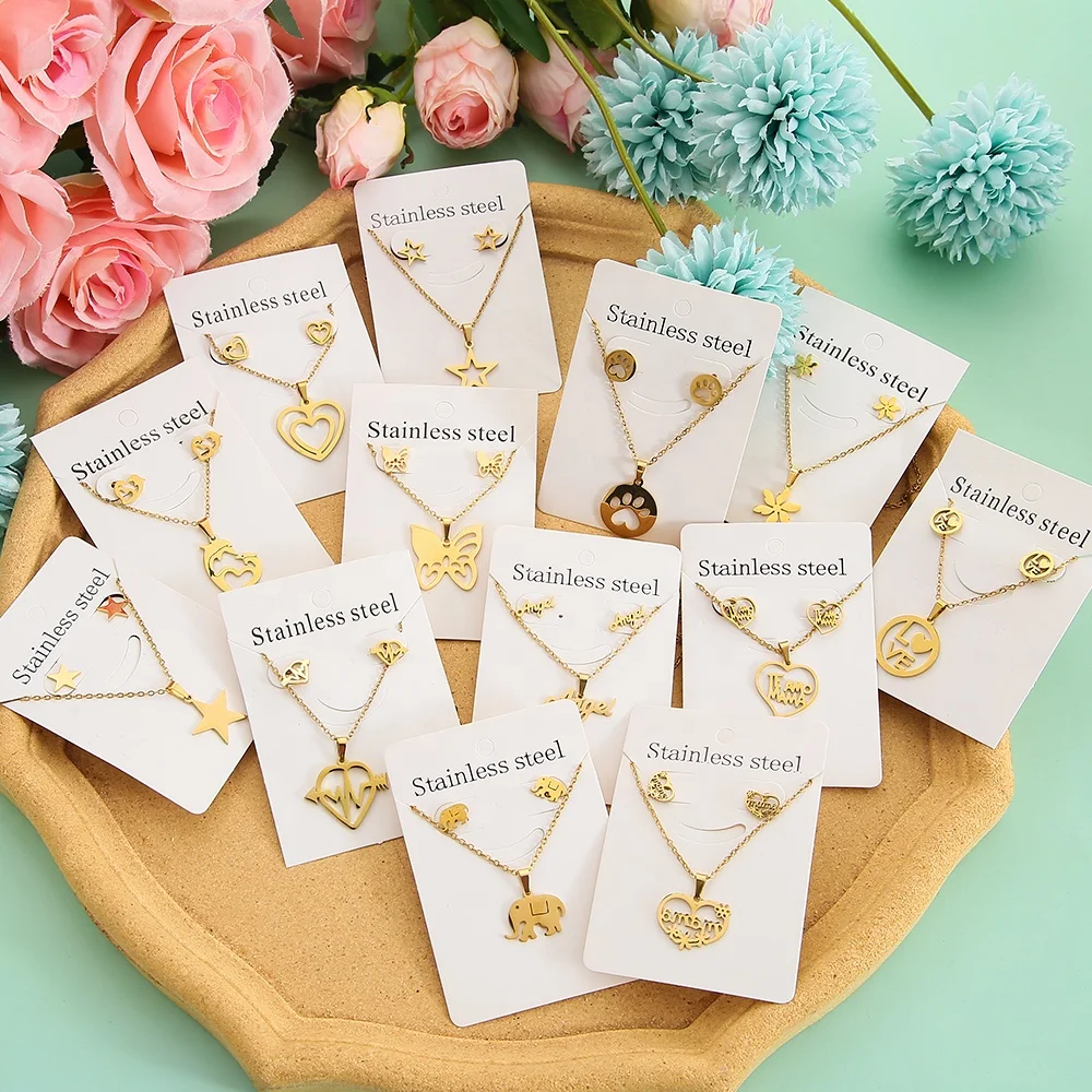 Stainless Steel ECG Pendant Butterfly Heart Charms Pendant Necklace Earrings Set for Women Gold Plated Wedding Jewelry Sets