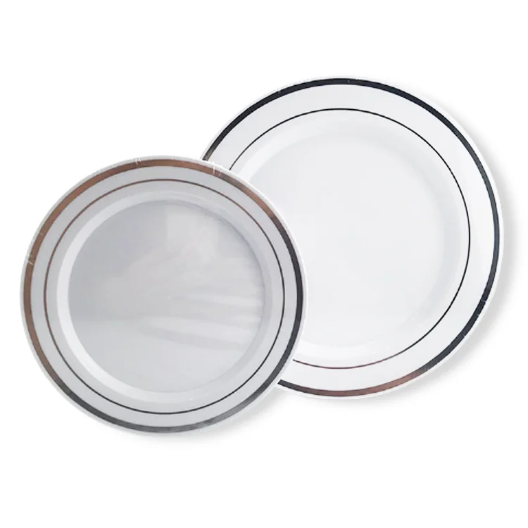 High Quality Dinnerware Sets Sliver Wholesale Plastic Silverware Classic Double Rim Wedding Party  Plastic Tableware Plates Sets