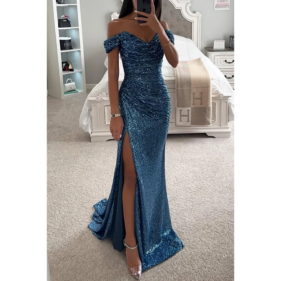 European And American New Party Sequin One Line Neck Split Wedding Guest Dresses Collar Slit Ins Casual Fashion Dress For Women