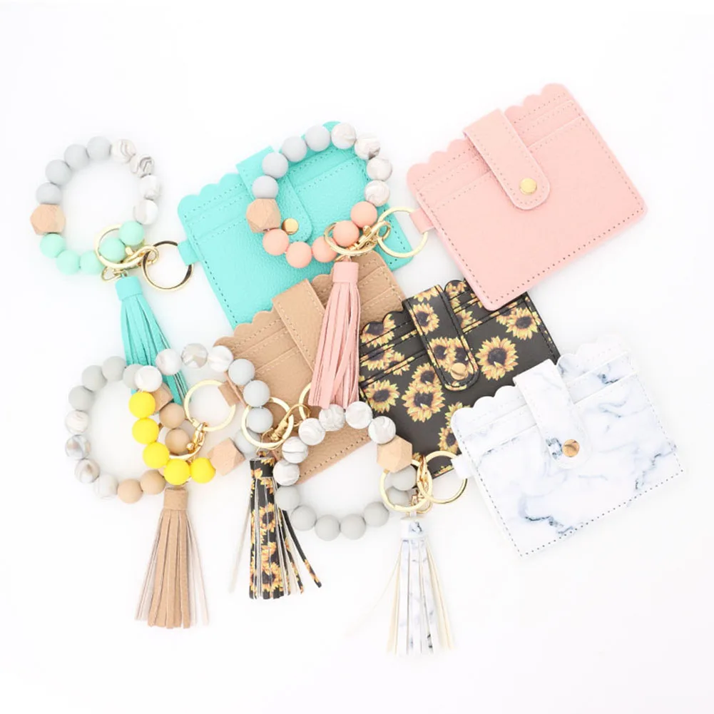 High Quality Silicone Beads, Elastic Bangle Bracelet Keychain Leather Tassel Silicone Beads Bracelet Wristlet Keychain/