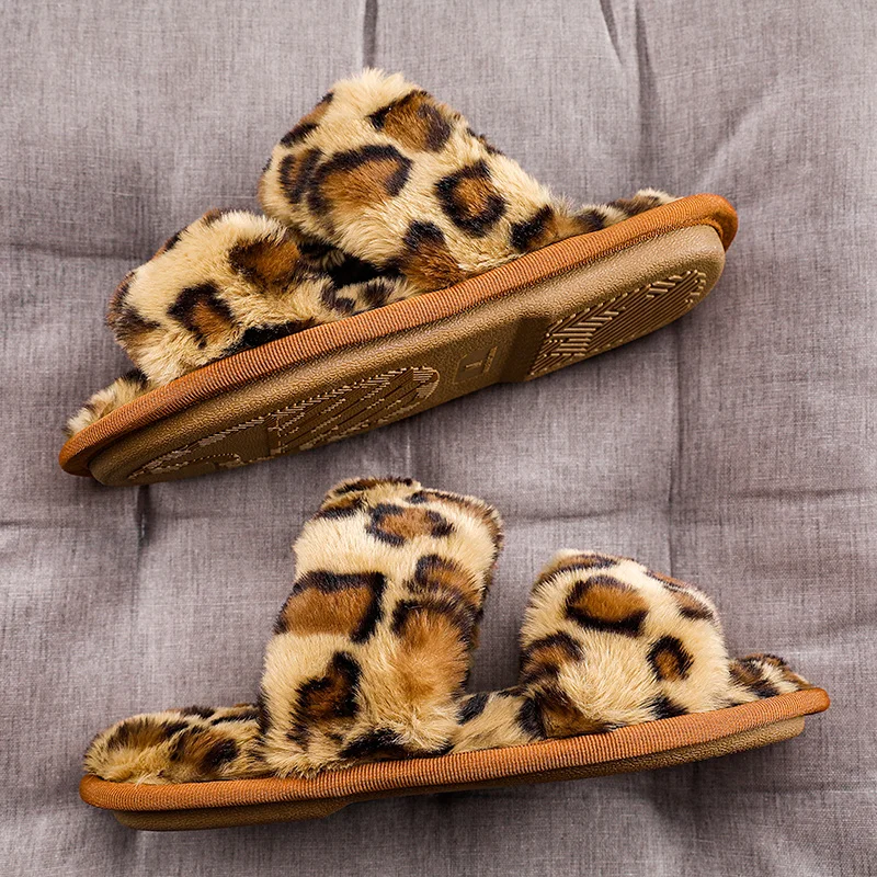 2022 luxury winter warm laddies cross strap faux fox fur slides plus size leopard print fluffy fur womens slippers with faux fur
