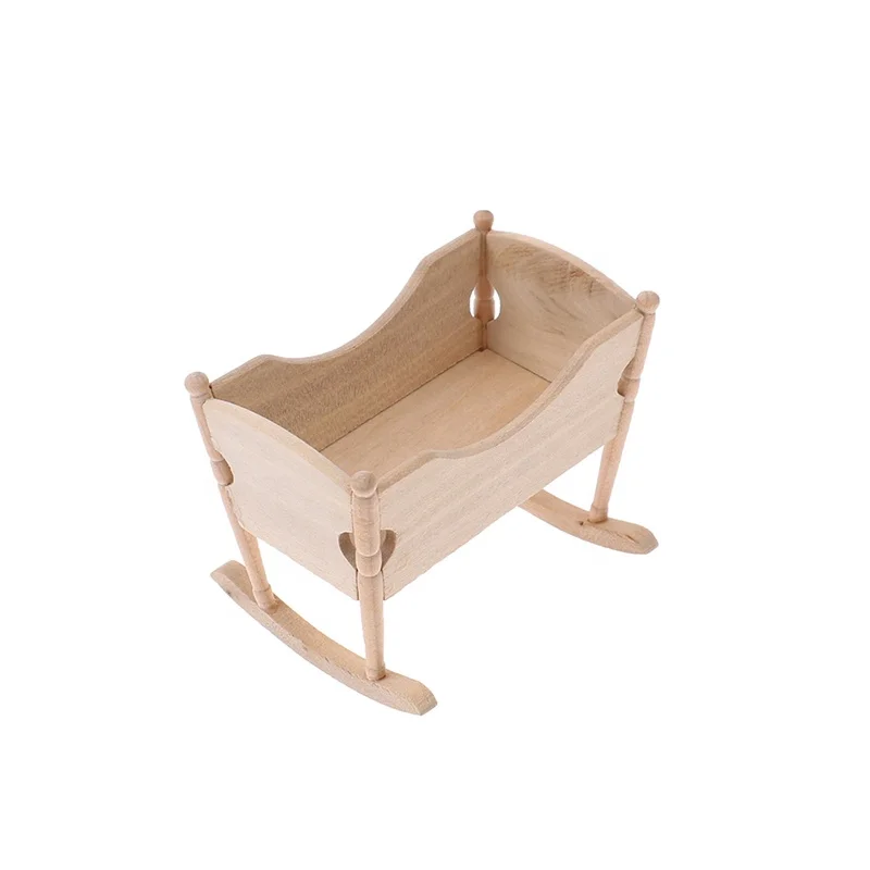 Dollhouse Miniature Funiture Mini Wooden Baby Bed Nursery Crib Dolls Kids Toys Modle Doll House Decor Accessories