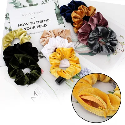 PH-086 New Fashion Large Elastic Ring Rope Soft Scrunchie Hidden Pocket Fabric Scrunchies Zipper