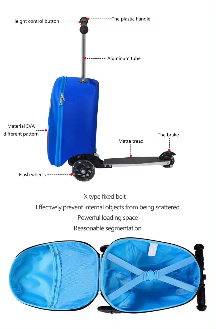 High quality Customized design airport non-battery mobility trolley children set de maletas de viaje set kids scooter suitcase