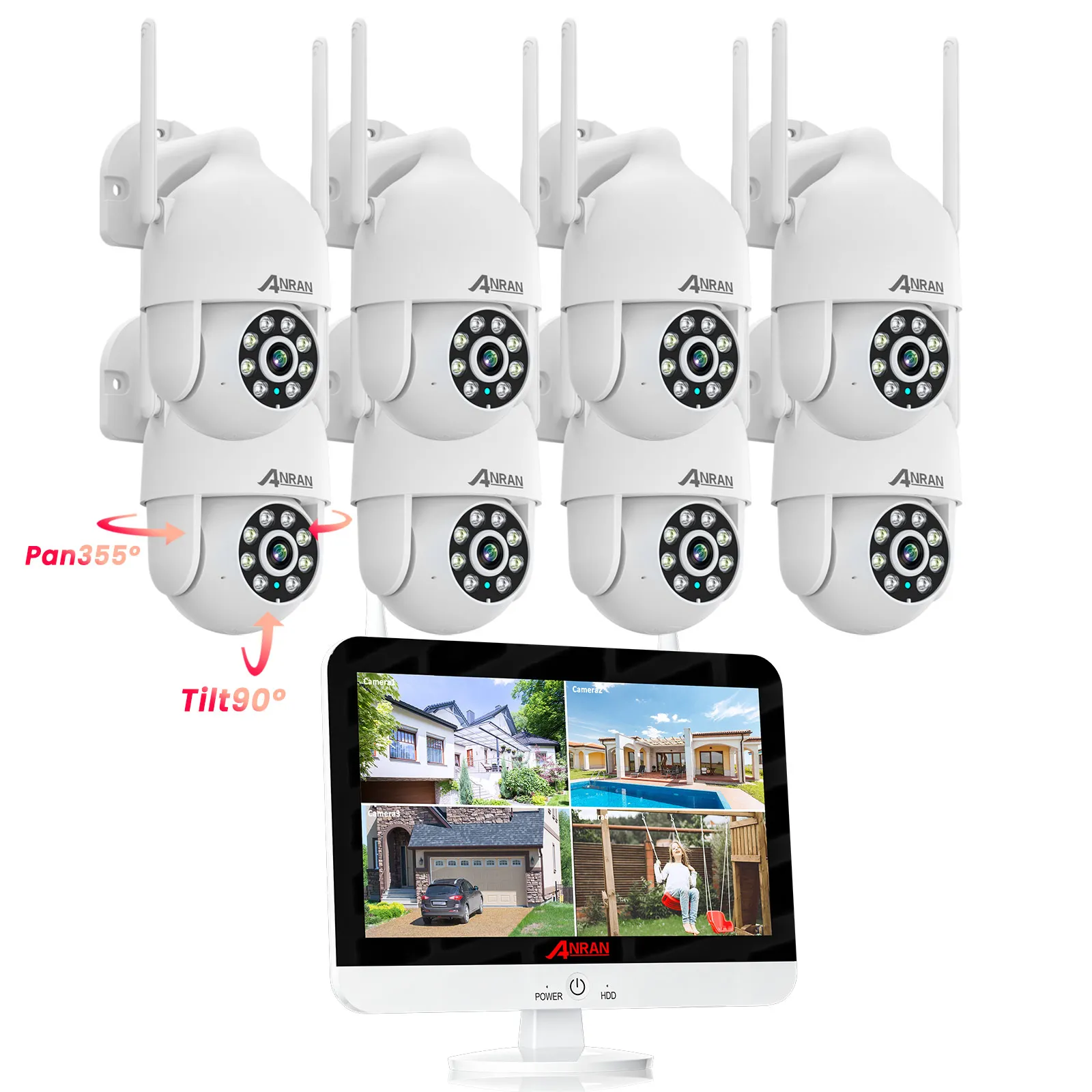 ANRAN Wifi 3MP With 8CH 12inch LCD Screen NVR Outdoor Dome PTZ Wireless Security Camera System
