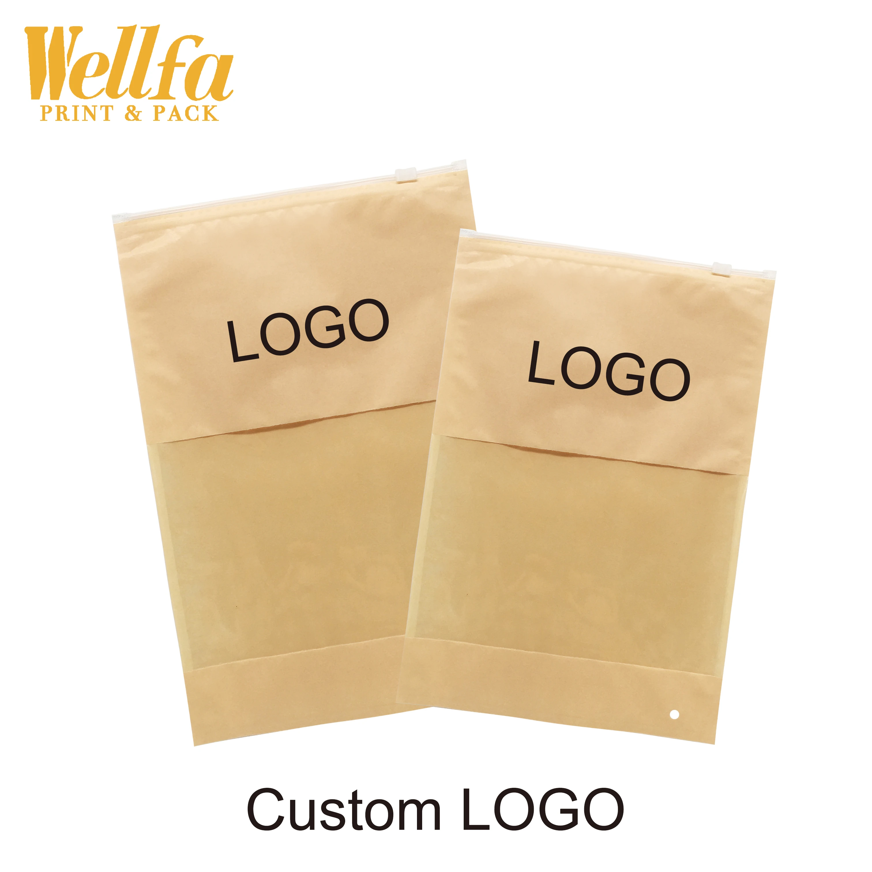 Factory Custom Printing Plastic Kraft Paper Clothing Frosted Zip Log Bag With Glossy Window