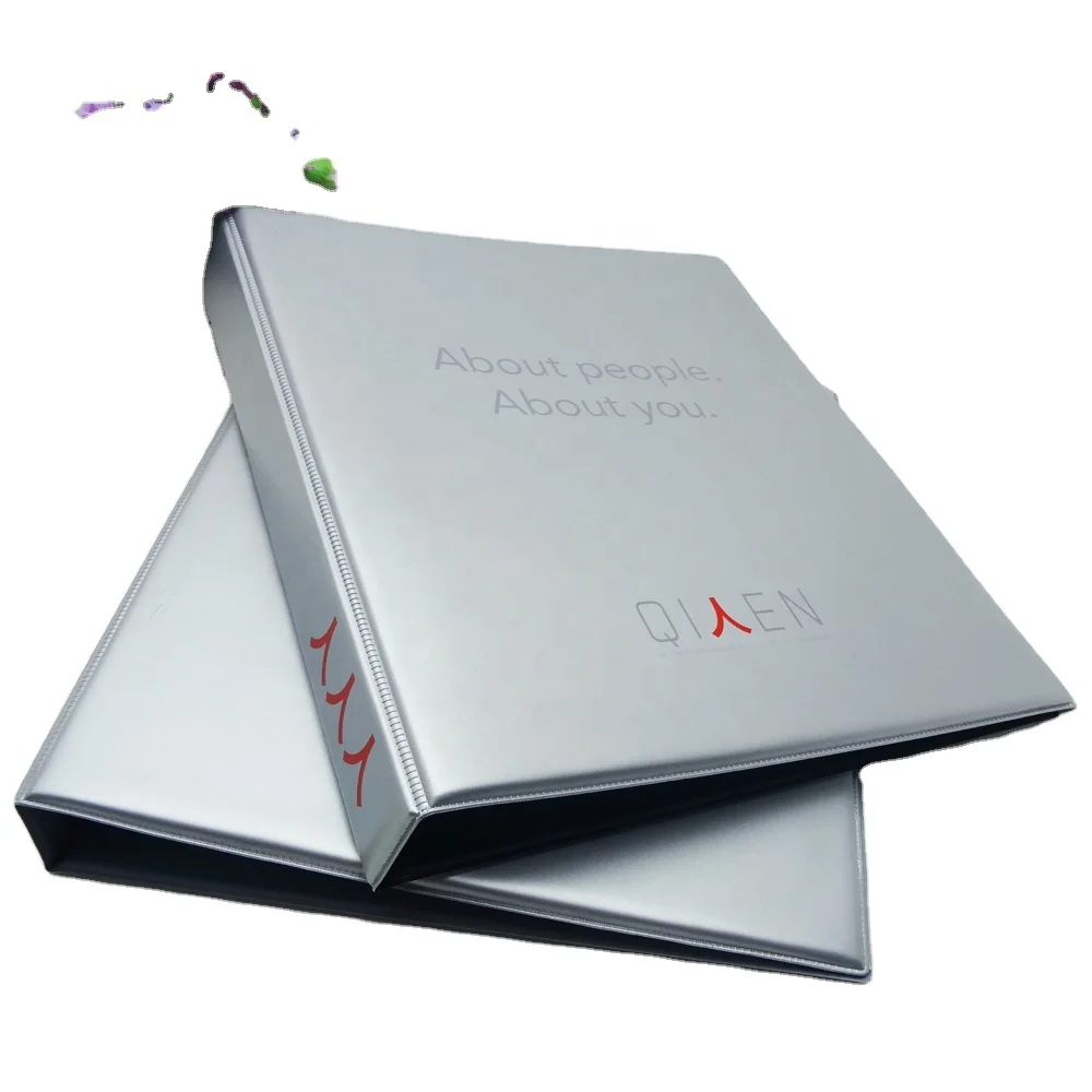 Custom Logo Office Grey PVC leather A4 D Ring Binder Folder For Documents Stationery Supplies File Folder