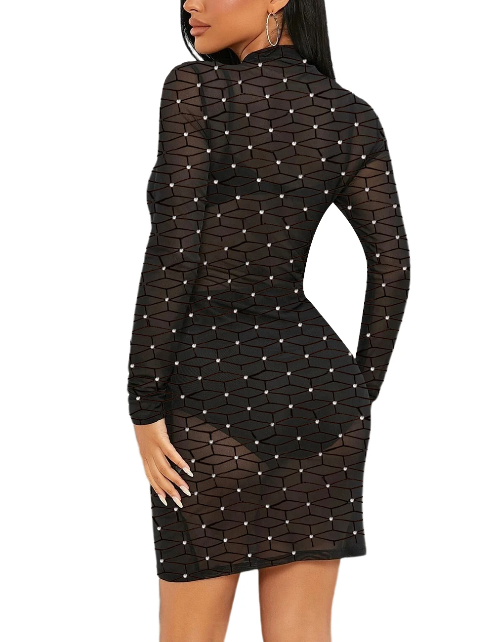 Black Rhinestone Mesh Velvet Mature Women Dresses Hot Ladies Sexy Transparent Club Wear Dress