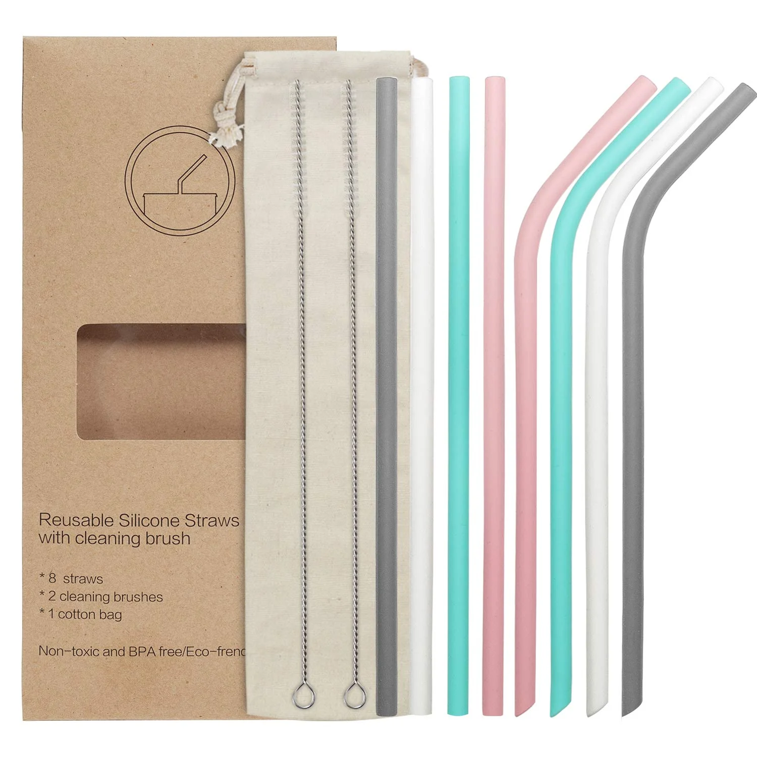 Eco-Friend Reusable Straw Flexible Drinking Silicone Straw With Case Set Cleaning Brush Tip